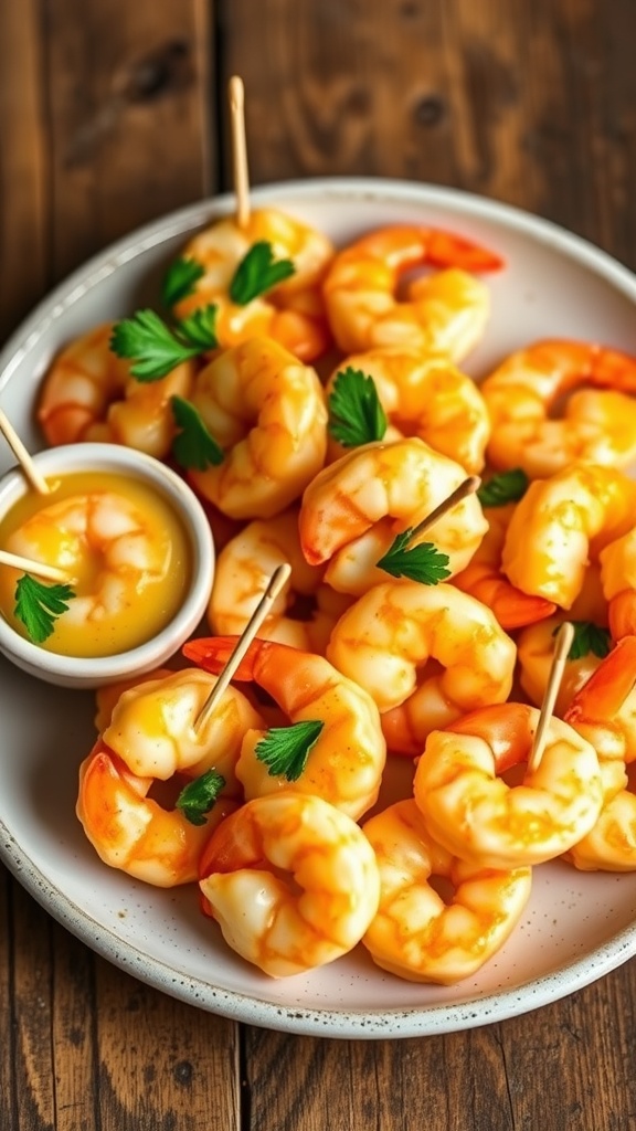 Plate of garlic butter shrimp bites garnished with parsley on a wooden table.